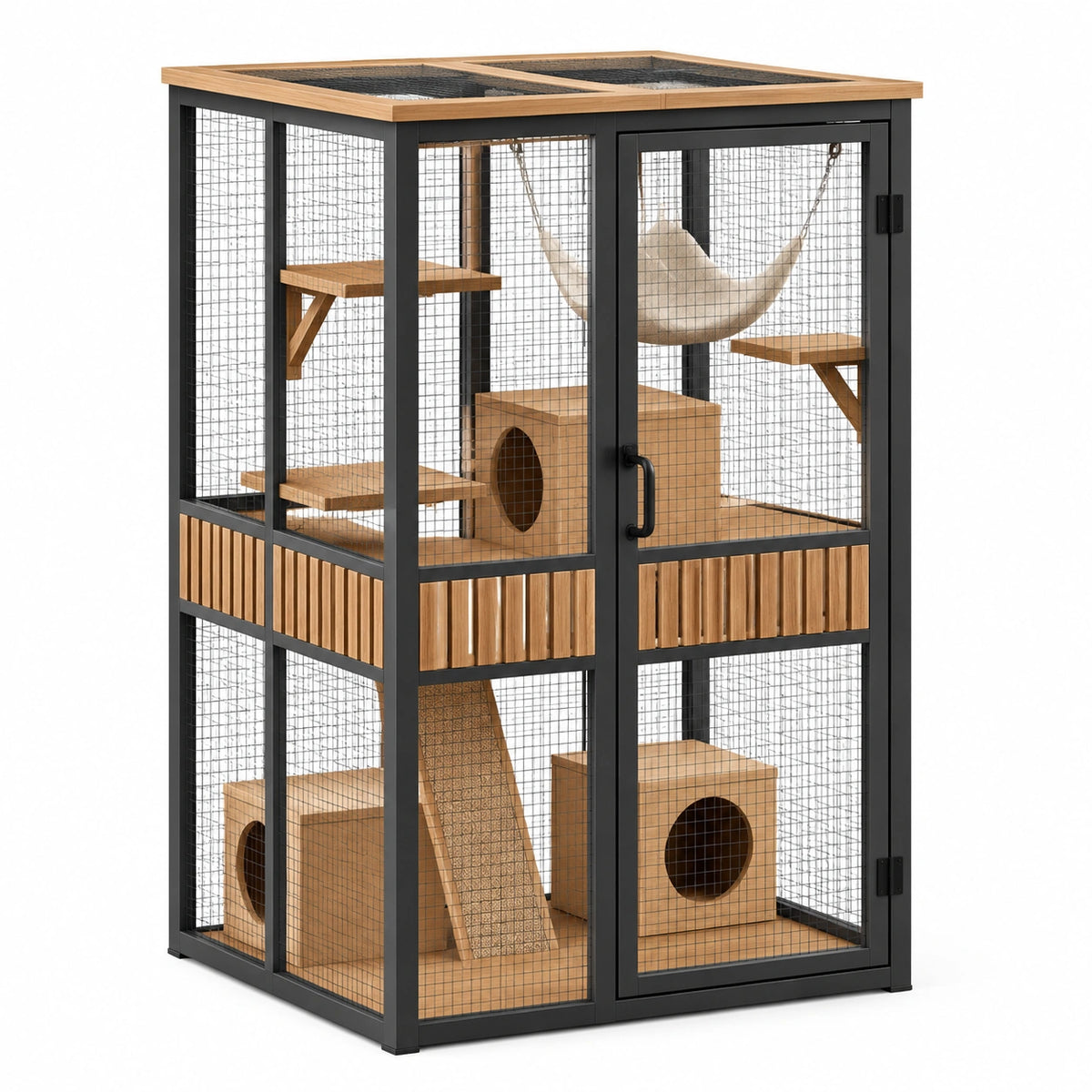 Enclos pour chat 100 x 60 x 180 cm noir et bois avec plateformes niches et hamac