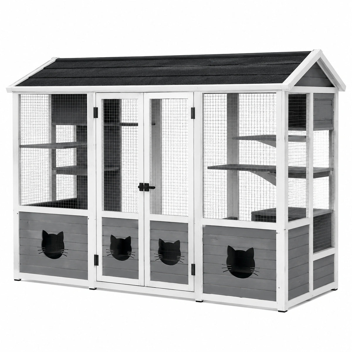 Enclos pour chats 180 x 80 x 180 cm en bois gris blanc avec grillage style maisonnette extérieur