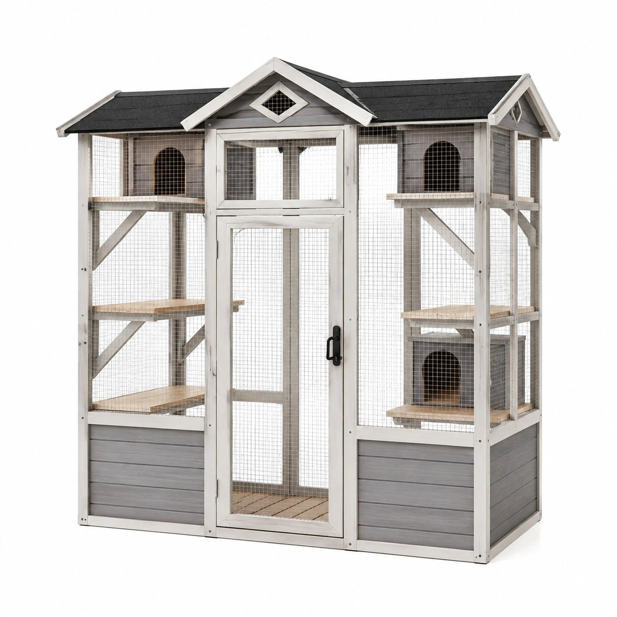 Enclos extérieur pour chats 180 x 90 x 180 cm en bois gris avec grillage et abris
