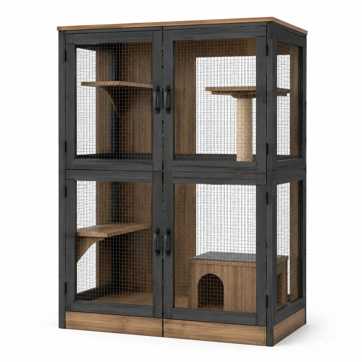 Cage pour chat 120 x 60 x 180 cm bois et métal noir marron avec plateformes