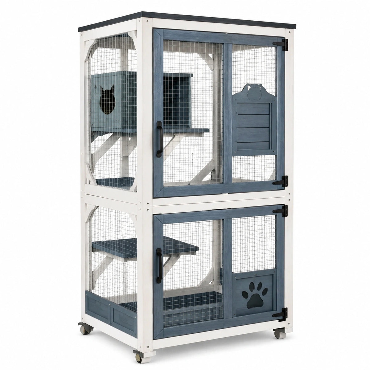 Enclos pour chat 95 x 65 x 180 cm en bois blanc et gris avec roulettes et plateformes
