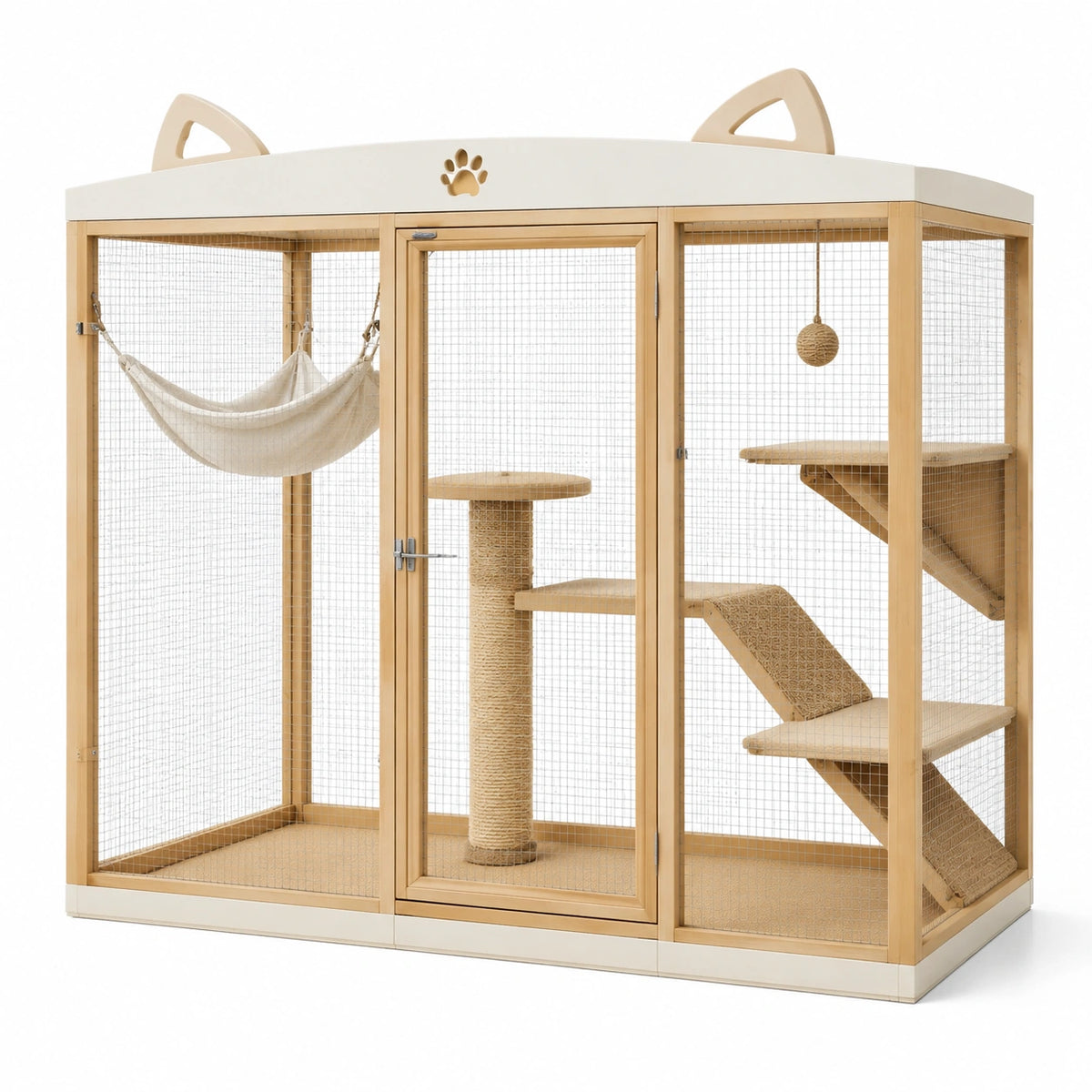 Enclos pour chat 120 x 60 x 120 cm en bois beige et blanc avec hamac et plateformes
