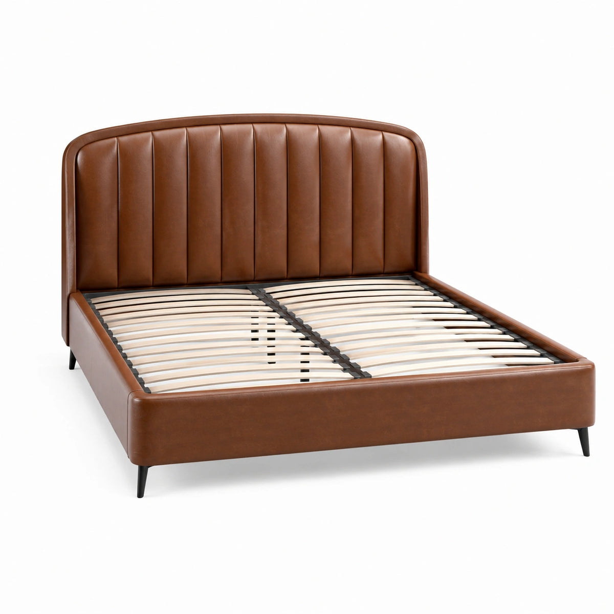Lit double 160 x 200 cm revêtement aspect cuir marron avec sommier à lattes style contemporain