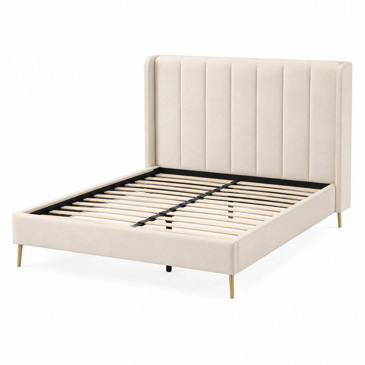 Lit 160 x 200 cm en tissu beige avec tête de lit capitonnée et sommier à lattes