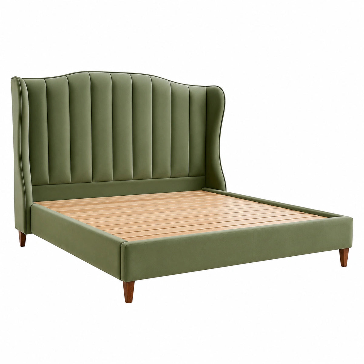 Lit double 160 x 200 cm en velours vert olive - tête de lit capitonnée et sommier à lattes