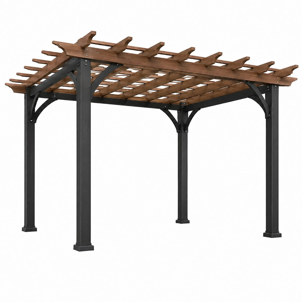 Pergola de jardin 365 x 365 x 245 cm en bois et acier marron noir à toit ajouré style contemporain
