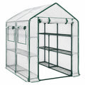 Serre de jardin 143 x 73 x 195 cm en acier et polyéthylène vert transparent à étagères avec porte enroulable