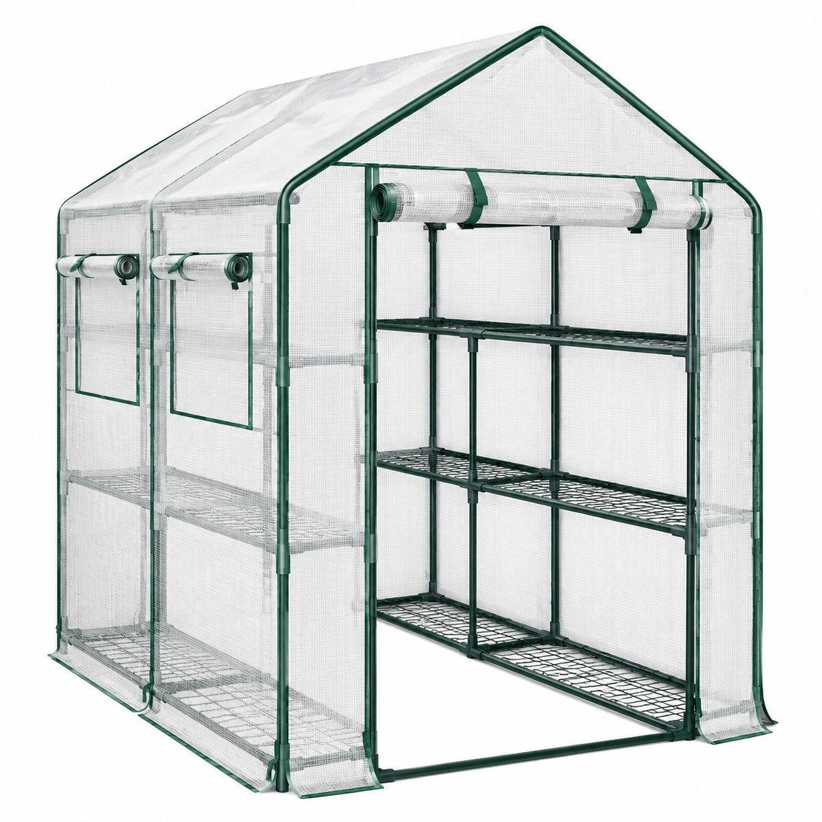 Serre de jardin 143 x 73 x 195 cm en acier et polyéthylène vert transparent à étagères avec porte enroulable