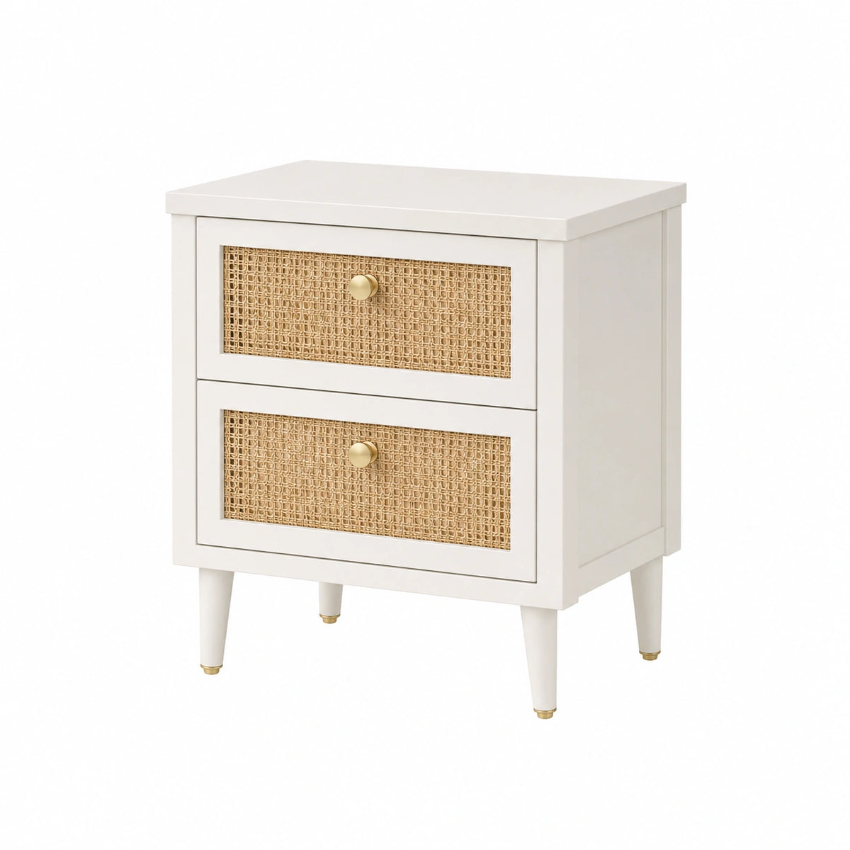 Table de chevet 50 x 40 x 60 cm en bois blanc avec tiroirs en rotin style naturel