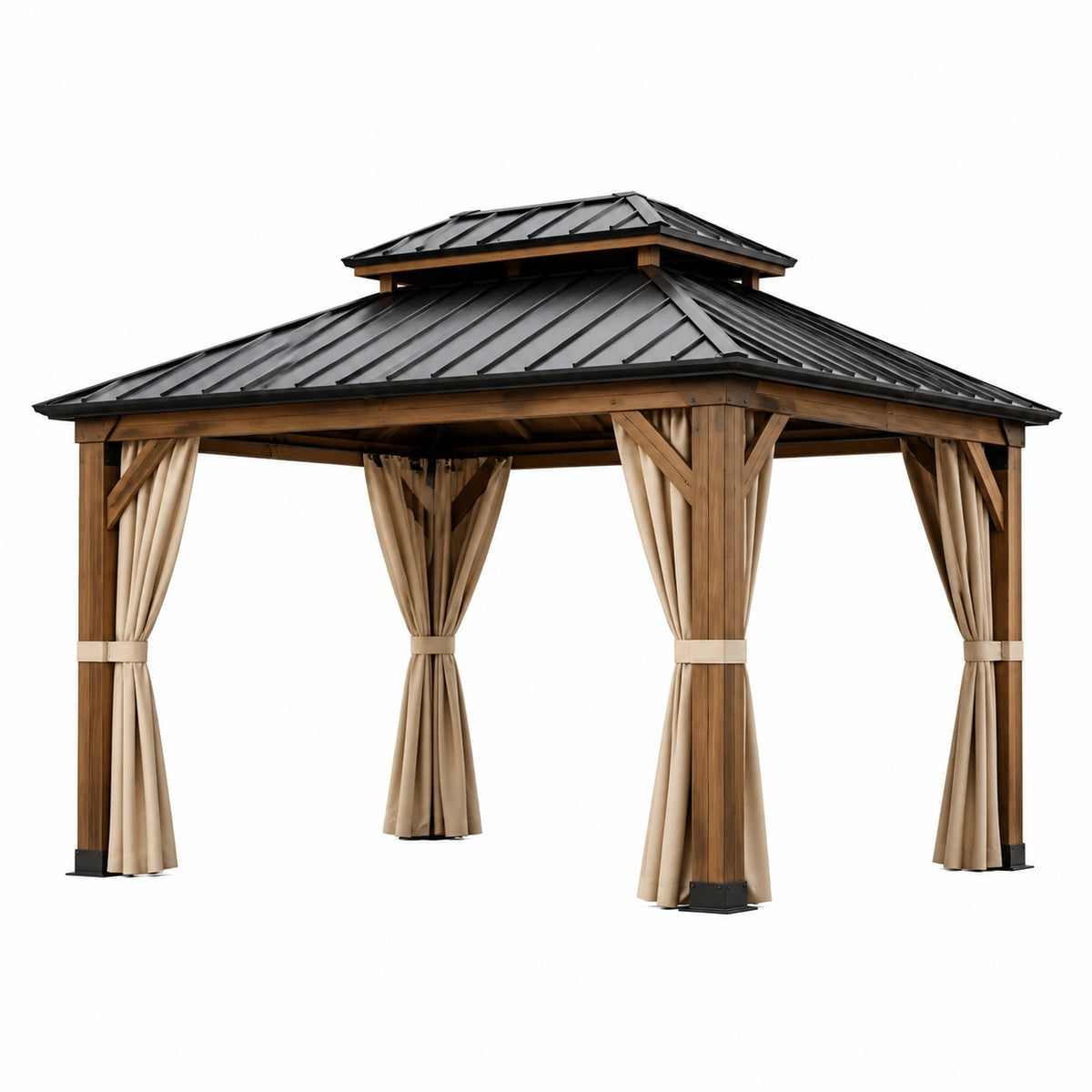 Tonnelle de jardin 400 x 400 x 320 cm en bois marron avec toit en métal noir et rideaux beiges