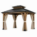 Tonnelle de jardin 300 x 300 x 300 cm en bois marron avec toit métallique noir et rideaux beiges
