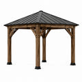 Tonnelle de jardin 300 x 300 x 300 cm en bois marron avec toit en métal noir