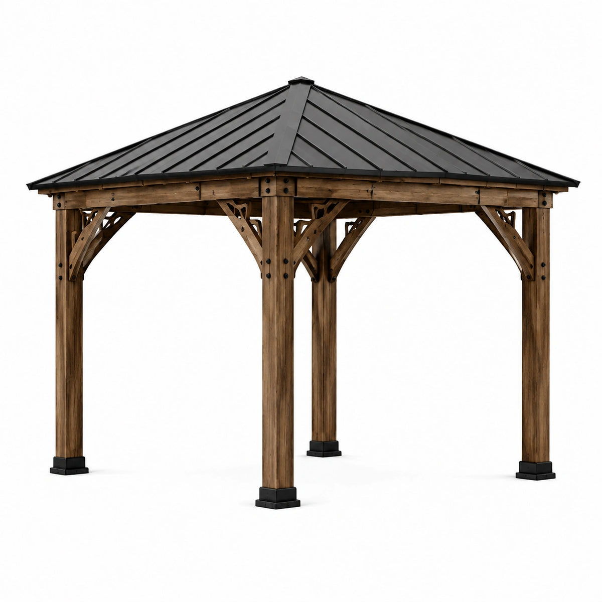 Tonnelle de jardin 300 x 300 x 300 cm en bois marron avec toit en métal noir