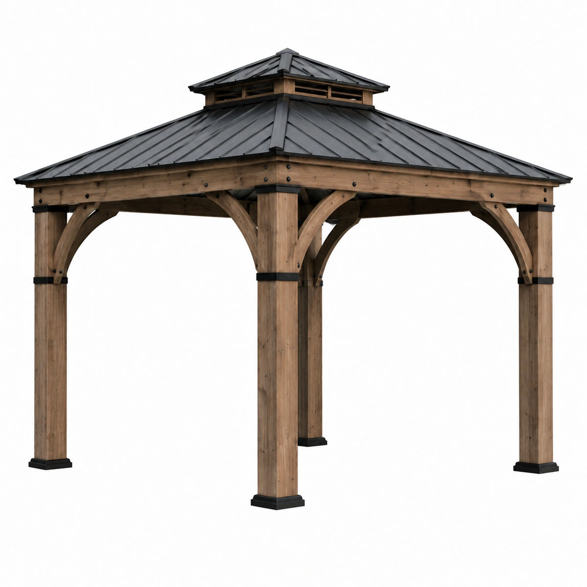 Gazebo 400 x 400 cm en bois brun avec toit métallique noir pour jardin style pavillon