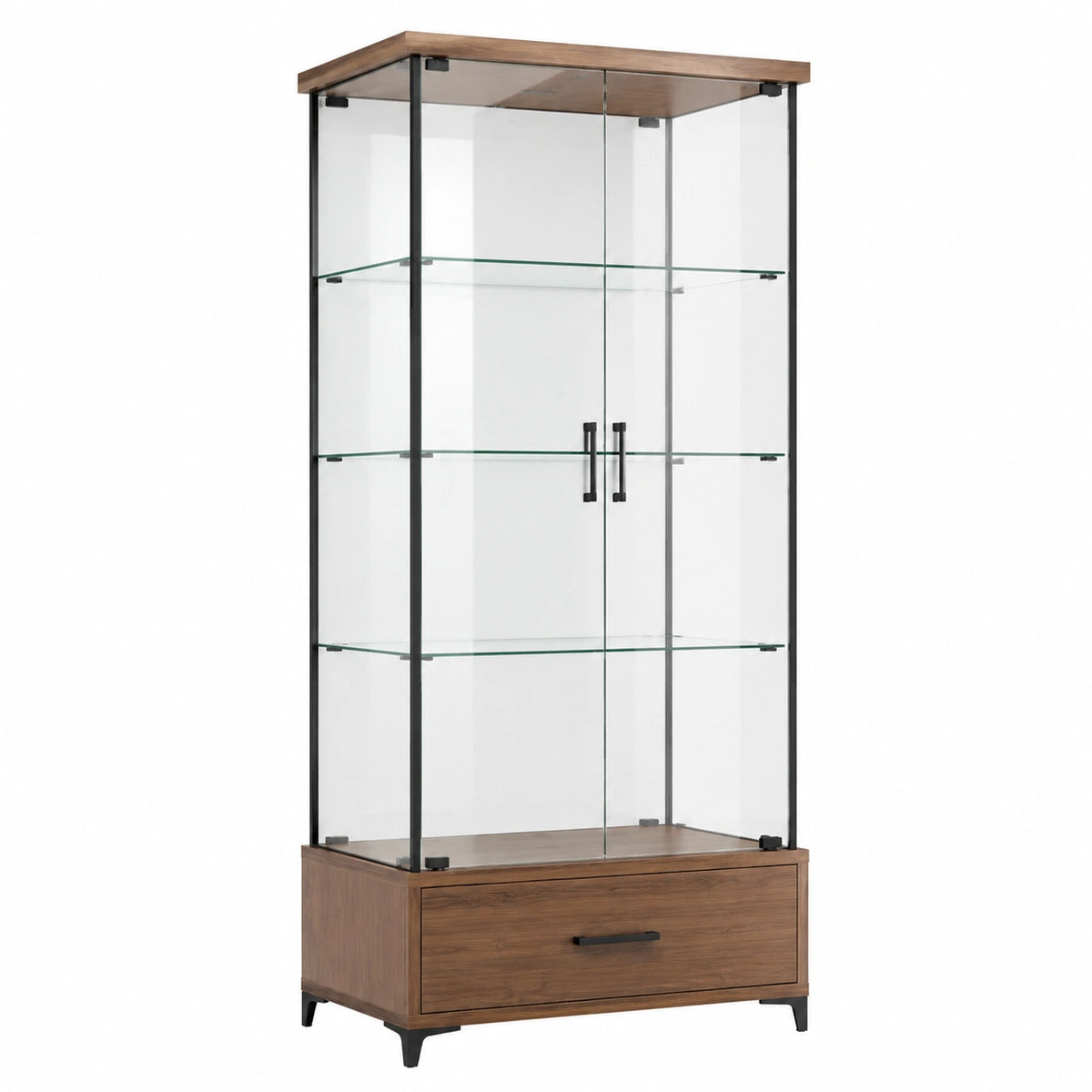 Vitrine de rangement 90 x 40 x 180 cm en verre et bois marron avec portes et tiroir