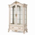 Vitrine 110 x 45 x 205 cm en bois et verre blanc cassé doré style classique avec rangement
