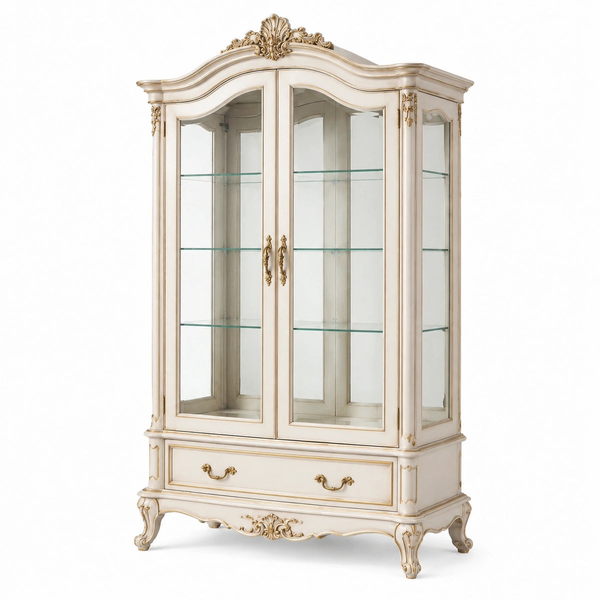 Vitrine 110 x 45 x 205 cm en bois et verre blanc cassé doré style classique avec rangement