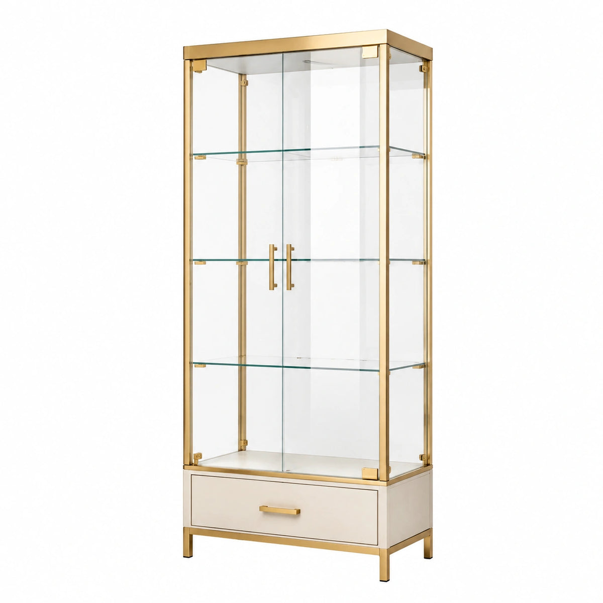 Vitrine 80 x 40 x 180 cm en verre et métal doré avec tiroir style contemporain