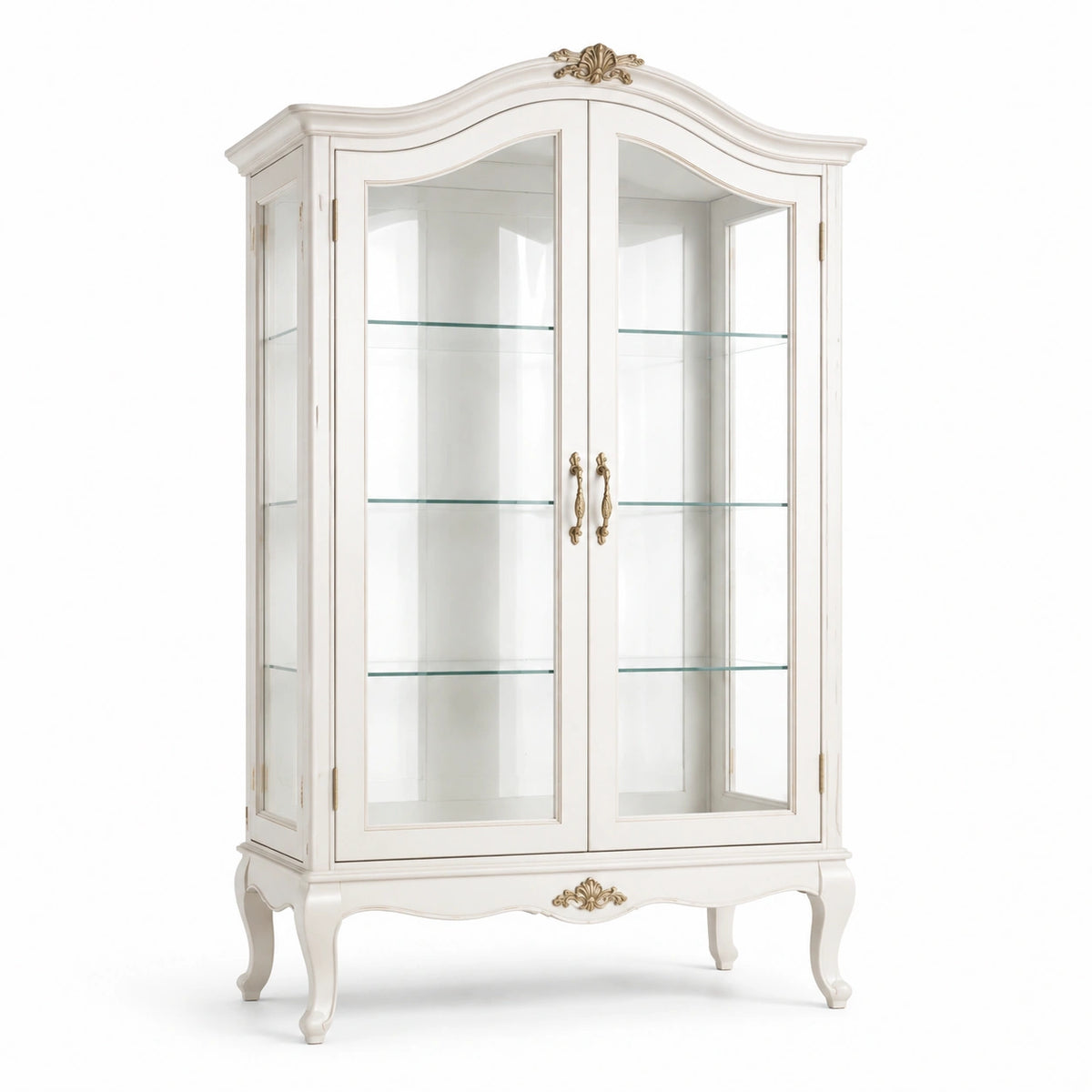 Vitrine 100 x 45 x 190 cm en bois et verre ivoire doré style classique à 2 portes