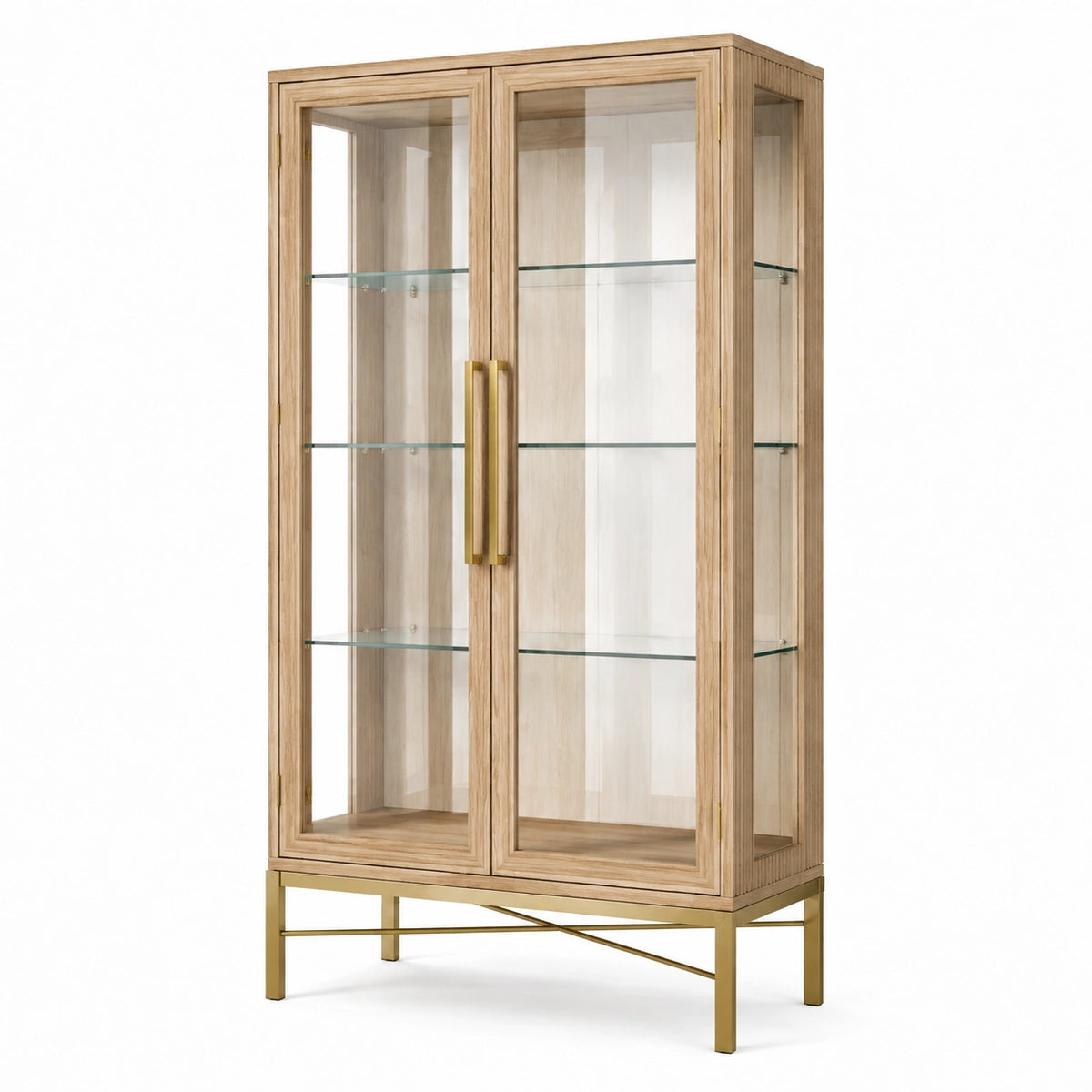 Vitrine 90 x 45 x 190 cm en bois naturel et verre avec portes style contemporain